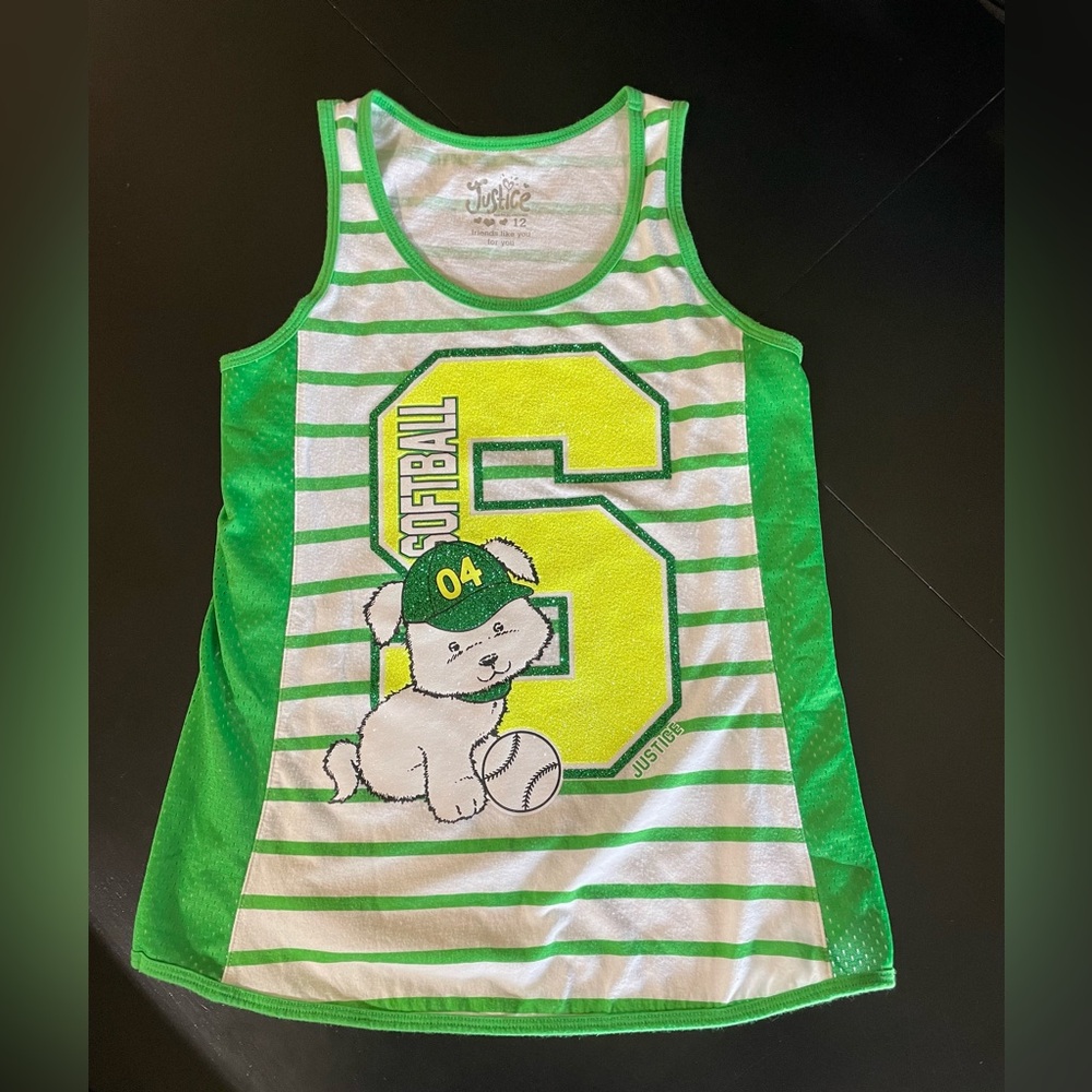 Girl's Justice Dog softball top Sz 12 green white glitter shirt tank